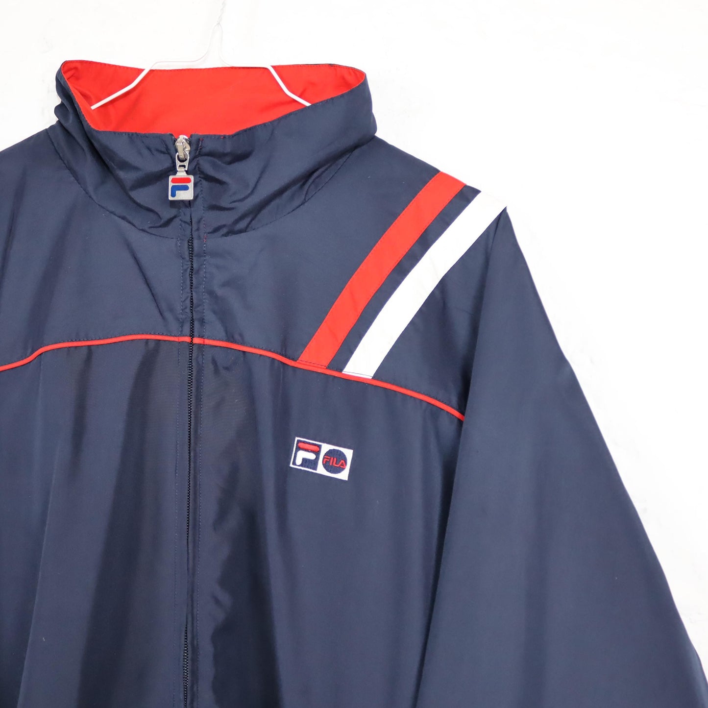 Vintage 80s 90s Y2k FILA tracksuit jacket dark blue red stand-up collar XL