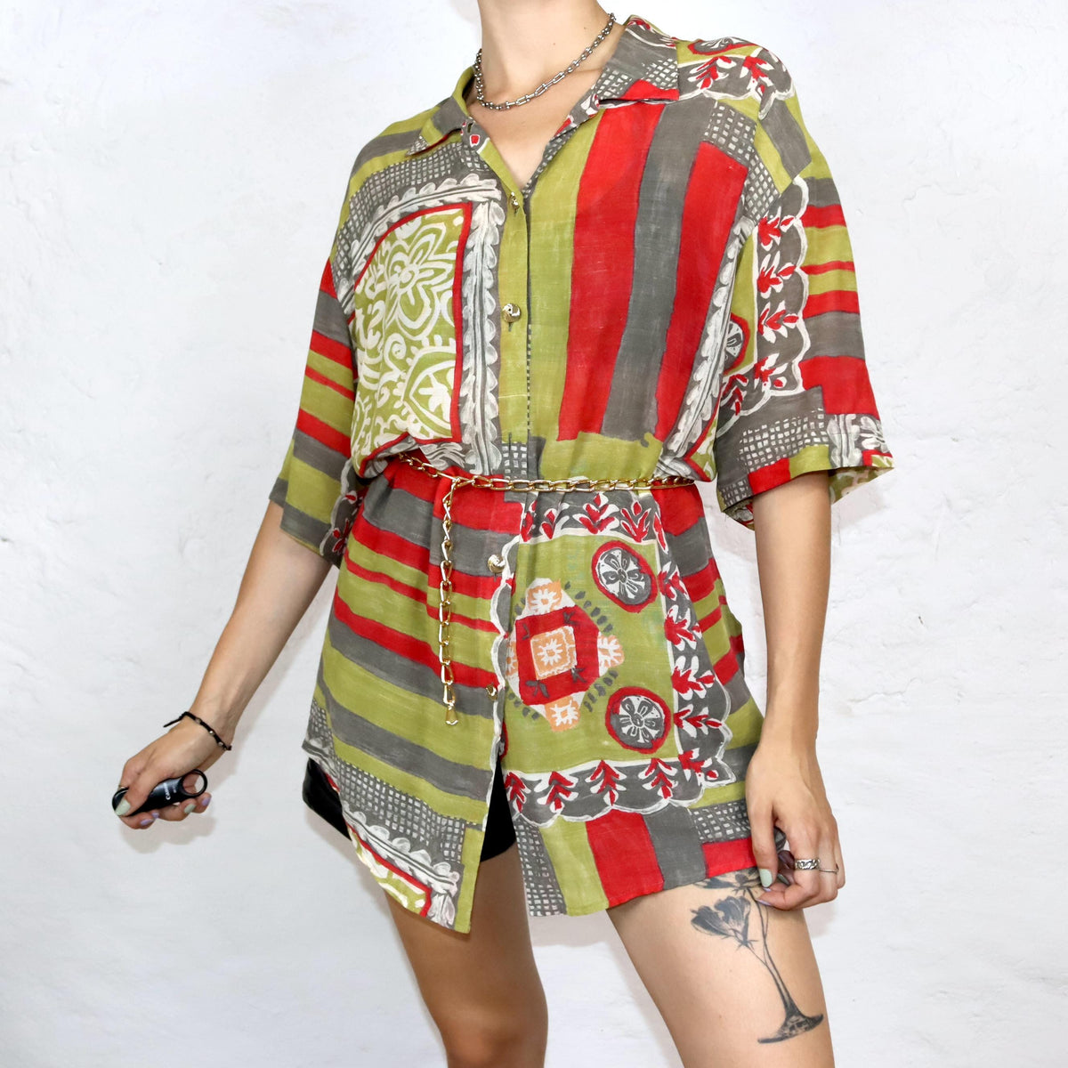 Vintage 80s 90s DONNA FLOR blouse slightly transparent crazy pattern L