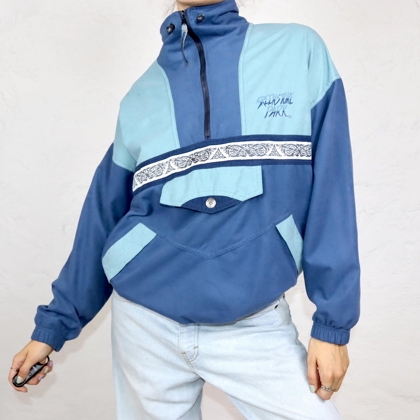 Vintage 80s 90s GREEKSTROKE PARK jacket overcoat stand-up collar blue velvet S