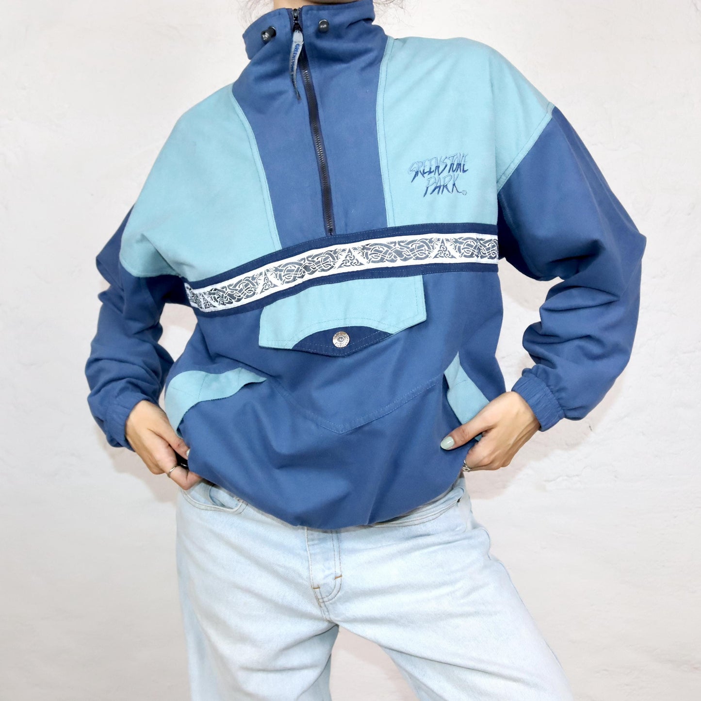 Vintage 80s 90s GREEKSTROKE PARK jacket overcoat stand-up collar blue velvet S