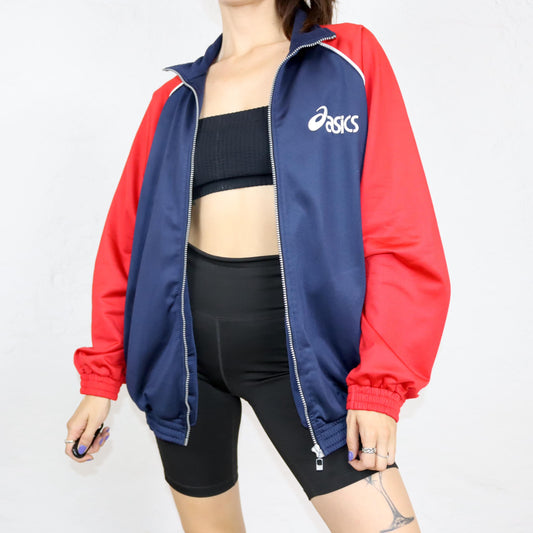 Vintage 80er 90er ASICS Trainingsjacke Jacke Stehkragen dunkelblau rot L