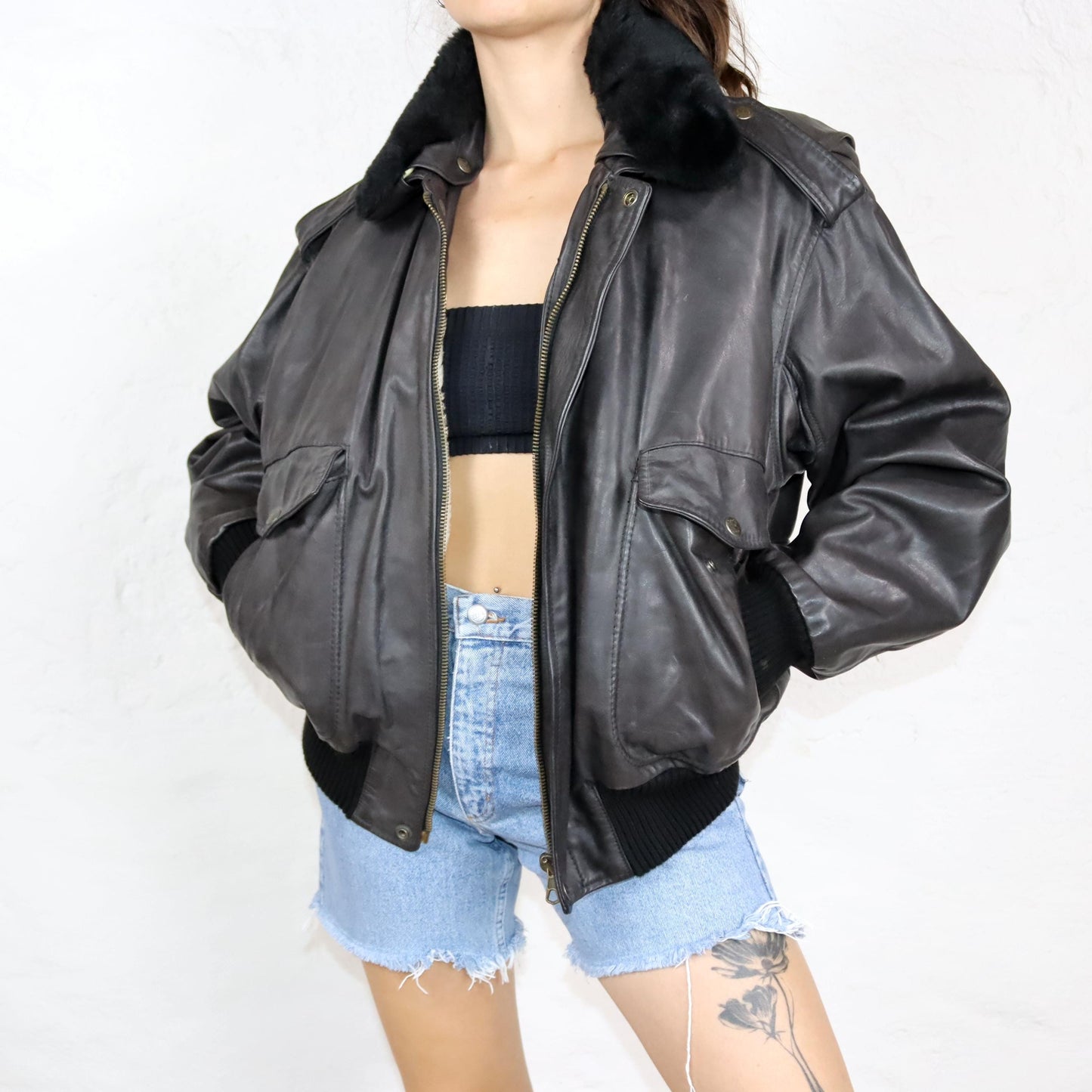 Vintage 80s 90s SCOTT TIME Liberty pilot jacket leather jacket lined fur collar dark brown M/L