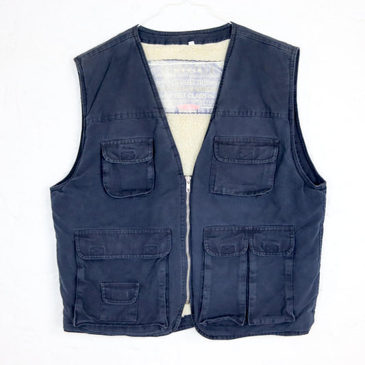 Vintage 80er 90er BRUGI Cargoweste Weste gefüttert Fake Fur dunkelblau L
