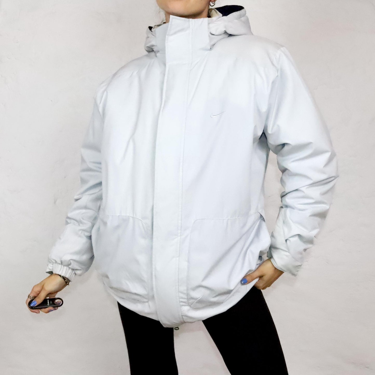 Vintage 90s 00s Y2k NIKE Parka Coat Jacket Lined with Hood Light Grey M