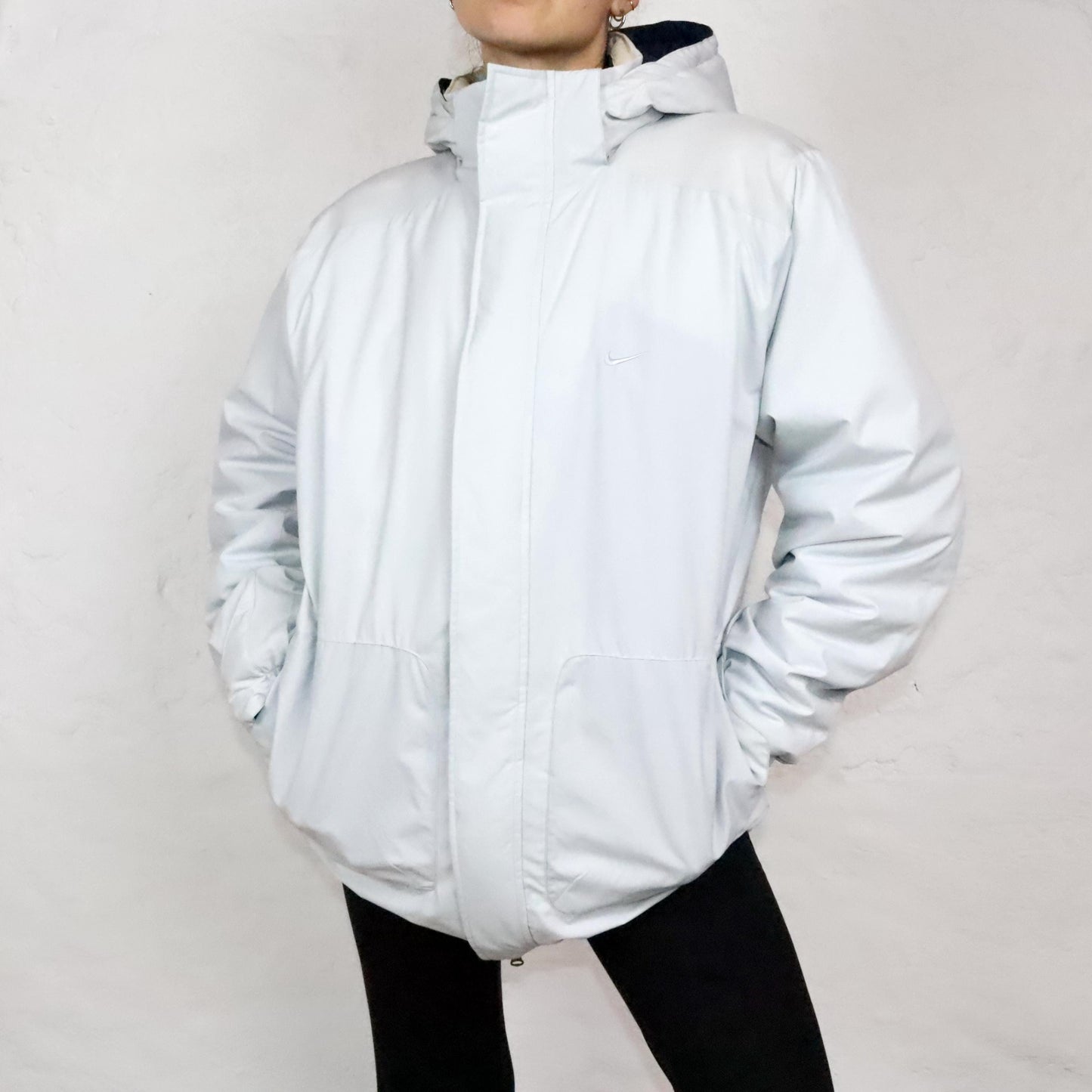 Vintage 90s 00s Y2k NIKE Parka Coat Jacket Lined with Hood Light Grey M