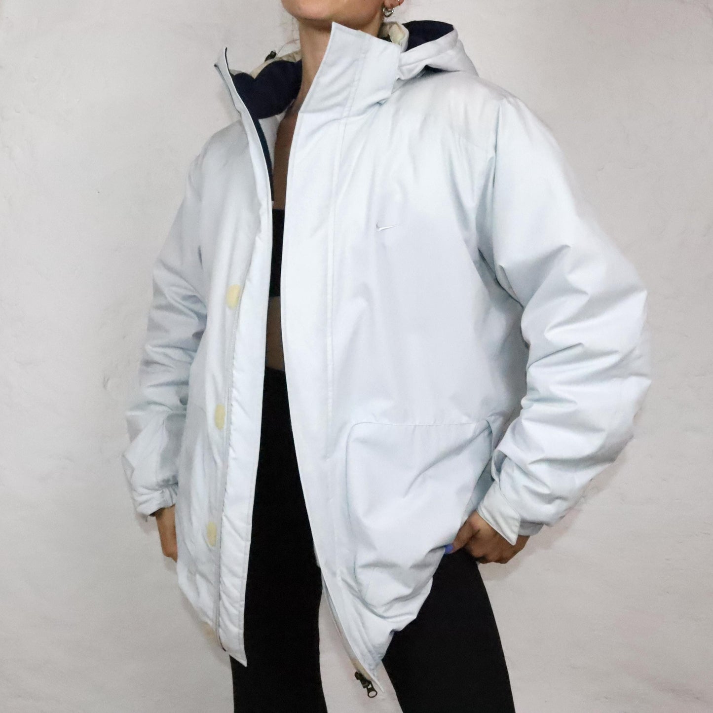 Vintage 90s 00s Y2k NIKE Parka Coat Jacket Lined with Hood Light Grey M