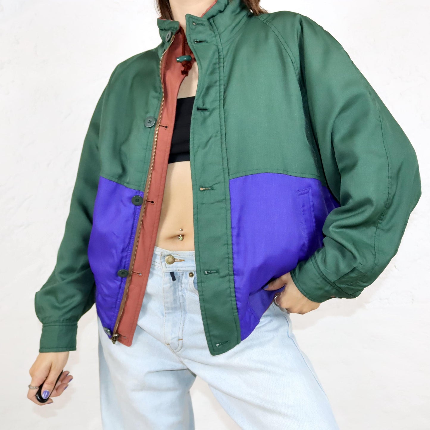 Vintage 80s 90s PIASPORTS reversible jacket lightly lined green blue print back M