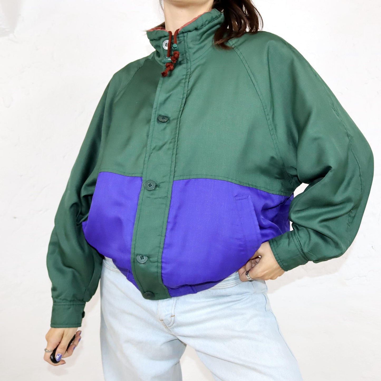 Vintage 80s 90s PIASPORTS reversible jacket lightly lined green blue print back M