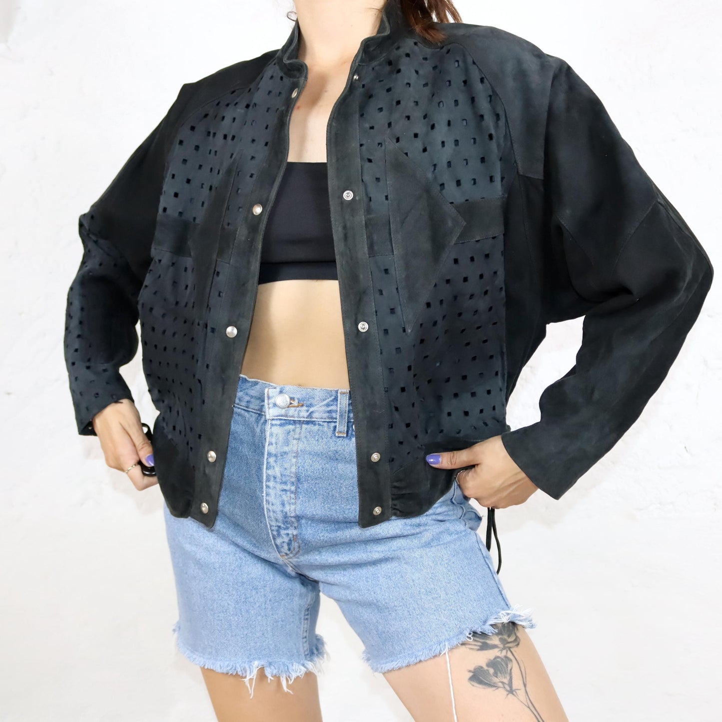 Vintage 80s 90s SAMA leather jacket suede hole pattern tailored bomber cut M