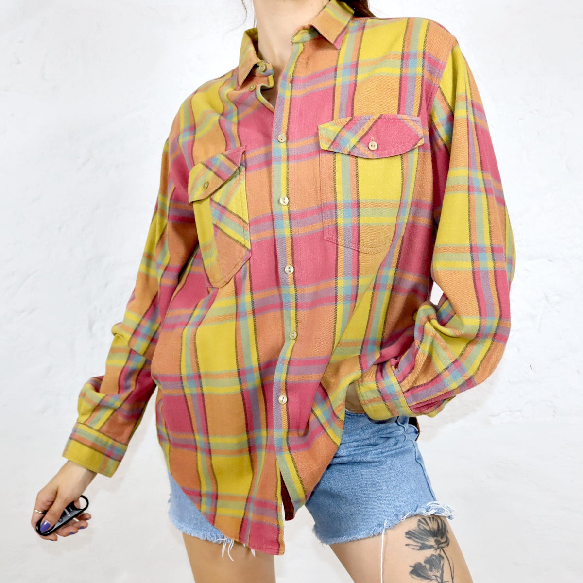 Vintage 80s 90s ROTEX flannel shirt long sleeve yellow pink blue L