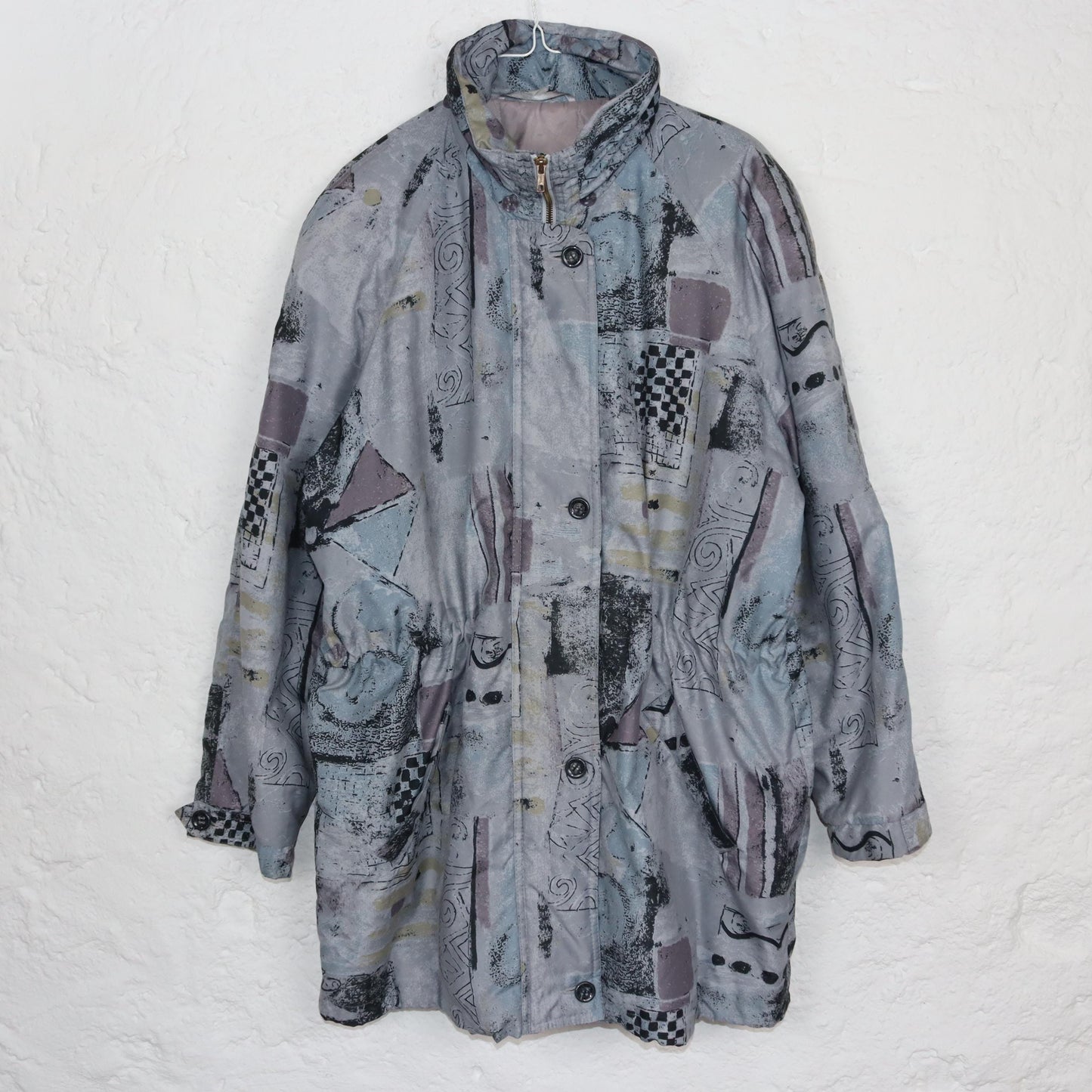 Vintage 80s 90s parka coat lightly lined crazy pattern shoulder pads stand-up collar fitted L