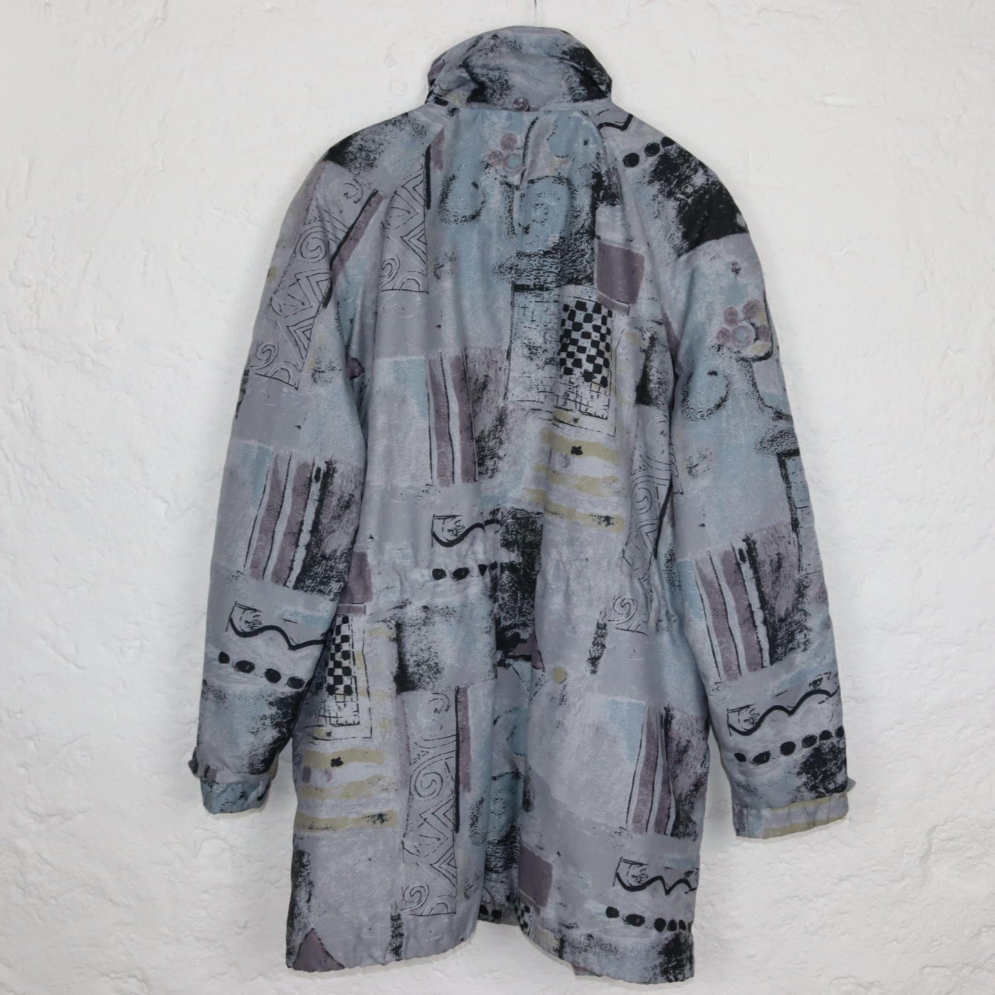 Vintage 80s 90s parka coat lightly lined crazy pattern shoulder pads stand-up collar fitted L