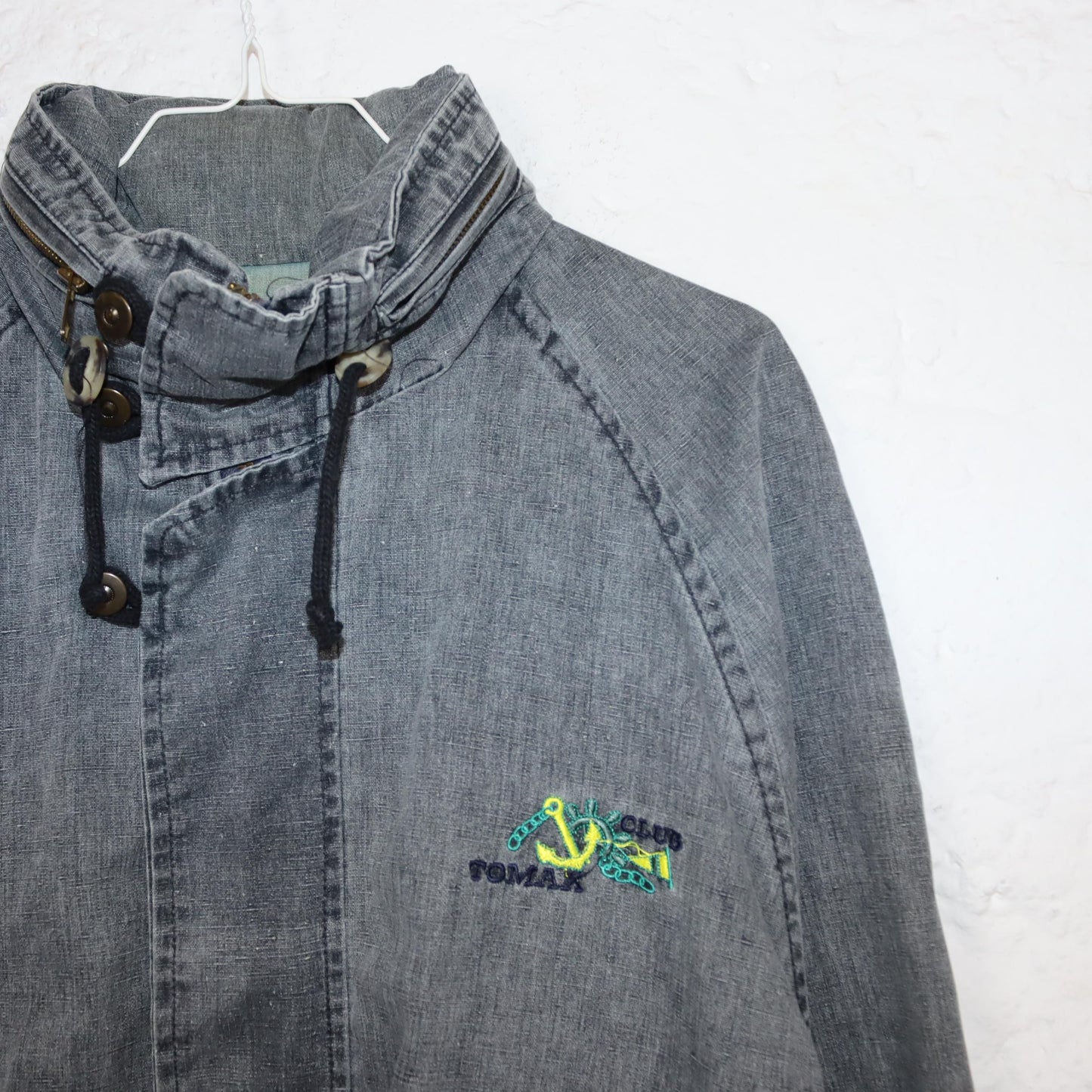 Vintage 80s 90s TOMAX denim jacket thin overcoat with hood grey denim M/L