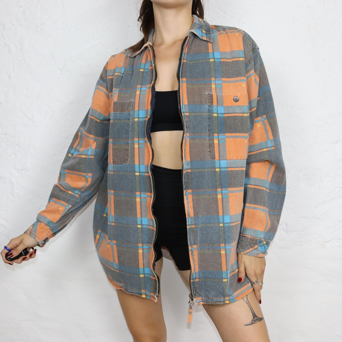 Vintage 80er 90er C&A Hemd langarm kariert Flanellhemd orange grau blau M