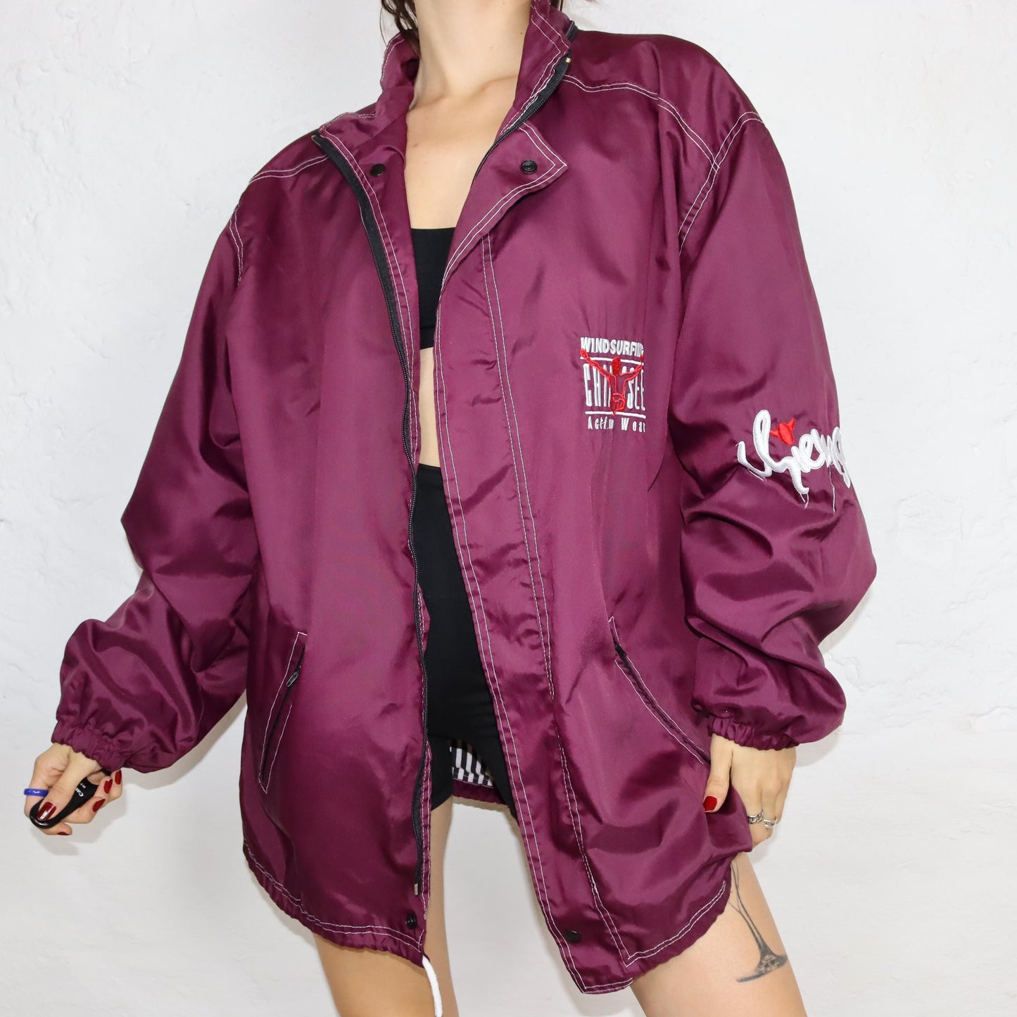 Vintage 80er 90er CHIEMSEE Windbreaker Regenjacke Jacke doppellagig Stickerei dunkelila XL