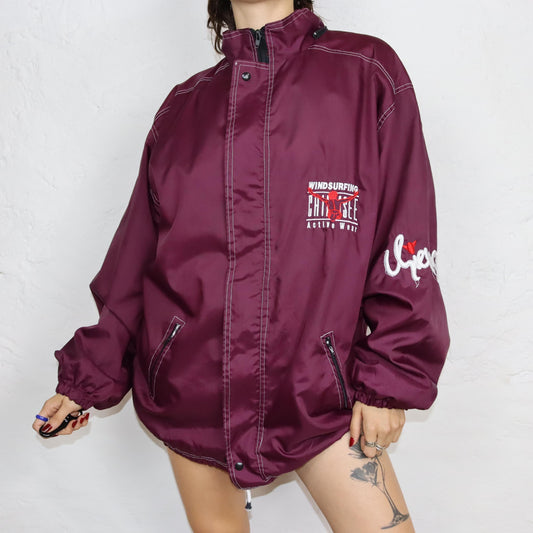 Vintage 80er 90er CHIEMSEE Windbreaker Regenjacke Jacke doppellagig Stickerei dunkelila XL