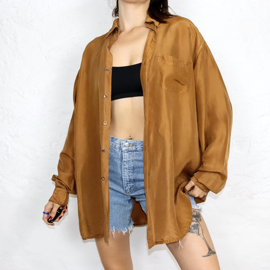 Vintage 80er 90er CHECKPOINT Seidenhemd langarm Seide rostfarbe bronze XL