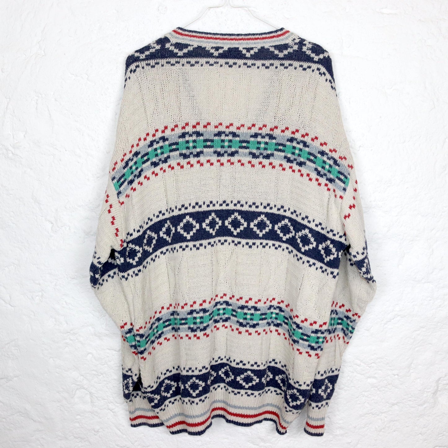 Vintage 80s 90s SEVERS knitted sweater V-neck patterned white colorful 52 L