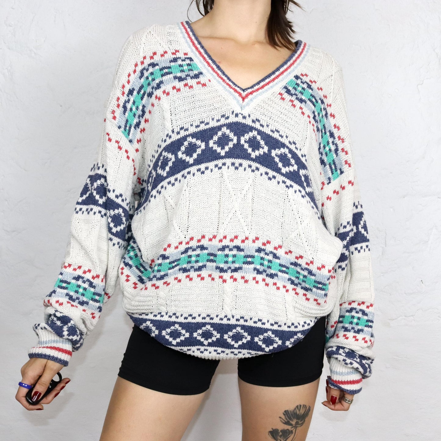 Vintage 80s 90s SEVERS knitted sweater V-neck patterned white colorful 52 L