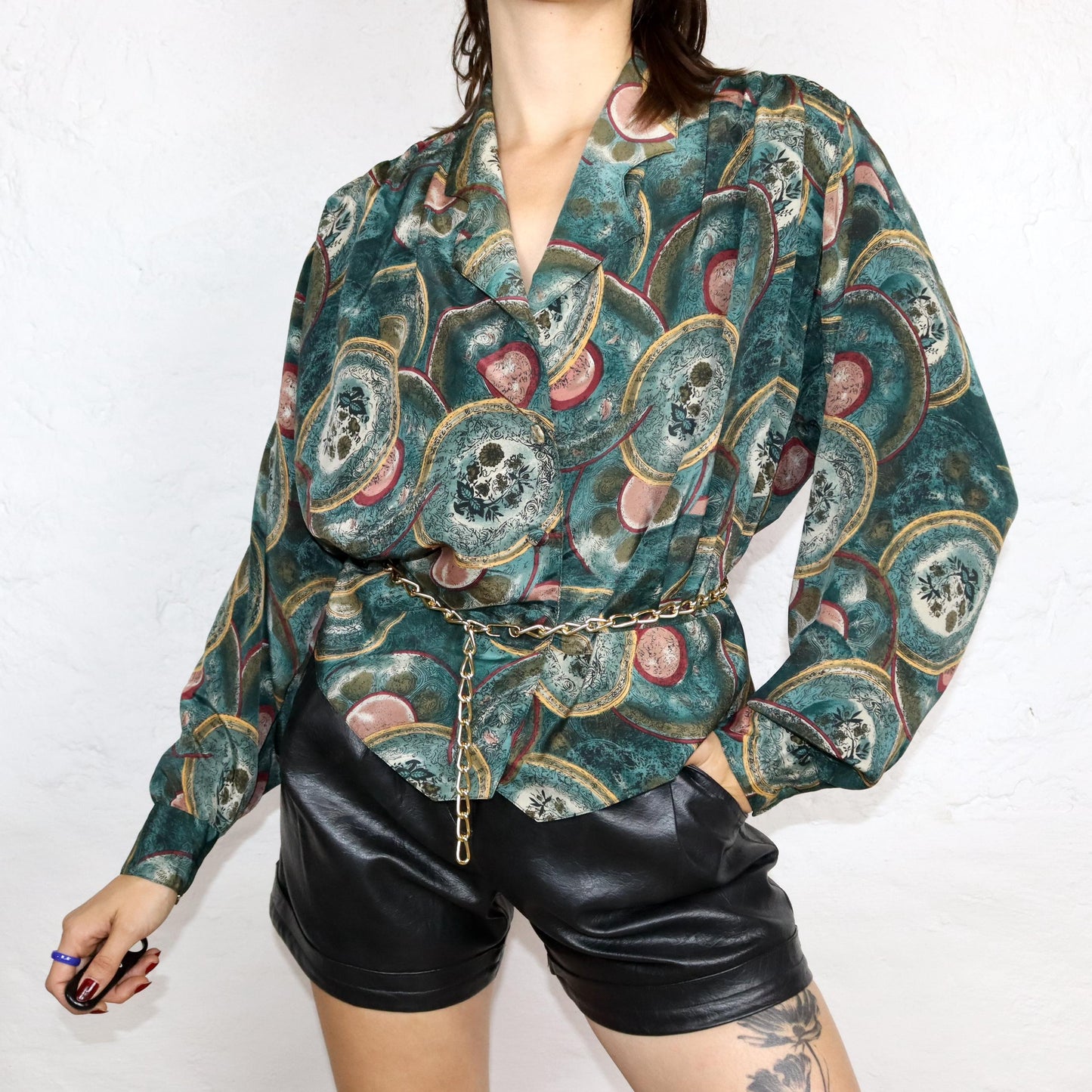 Vintage 80s 90s LADY LUISA blouse long sleeve crazy pattern dark green L