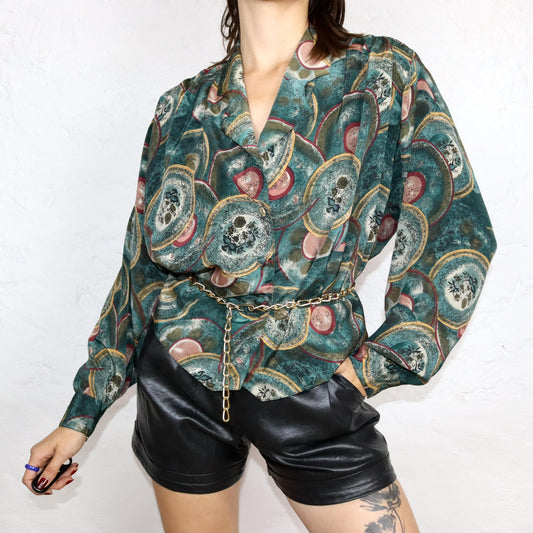 Vintage 80er 90er LADY LUISA Bluse langarm crazy pattern dunkelgrün L