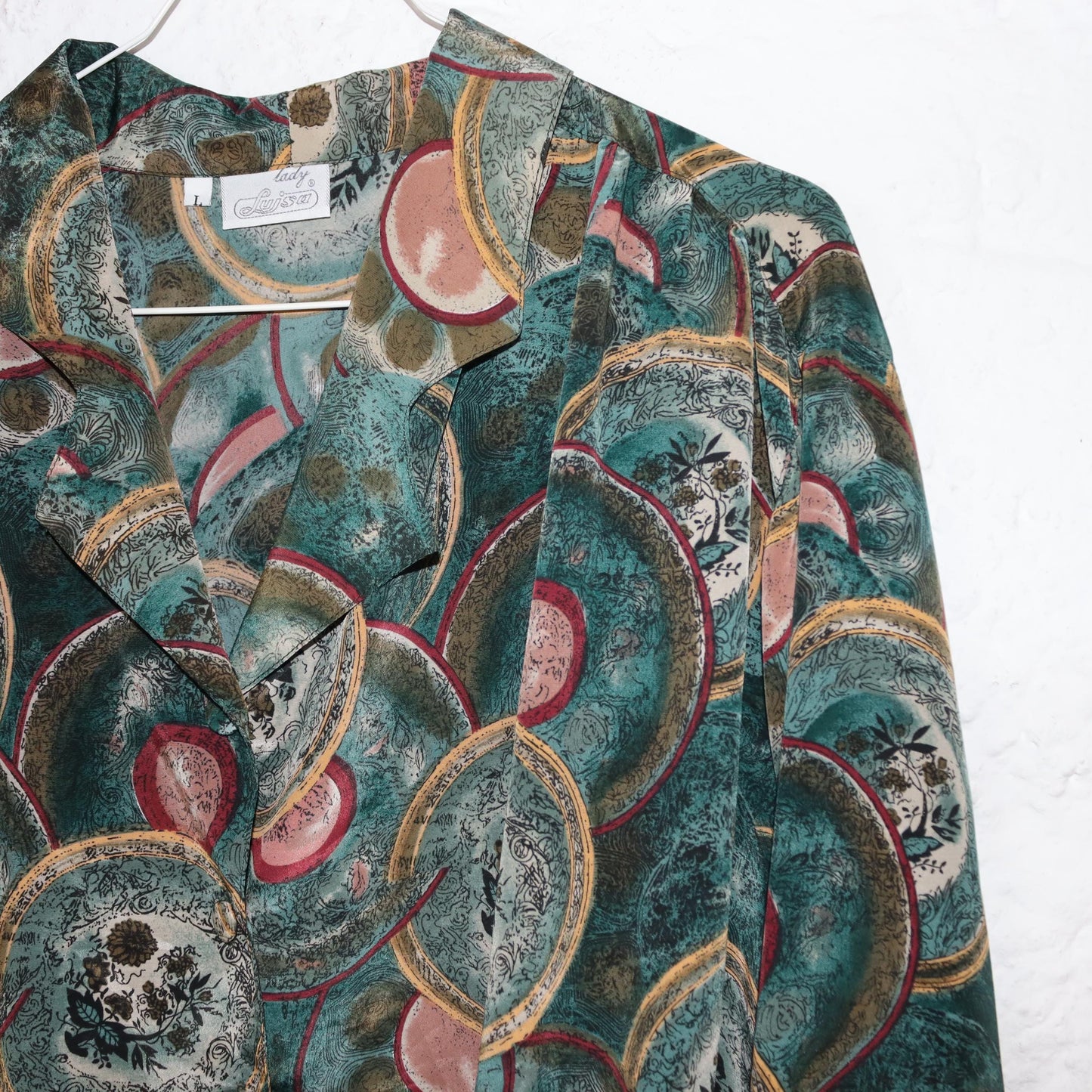 Vintage 80s 90s LADY LUISA blouse long sleeve crazy pattern dark green L