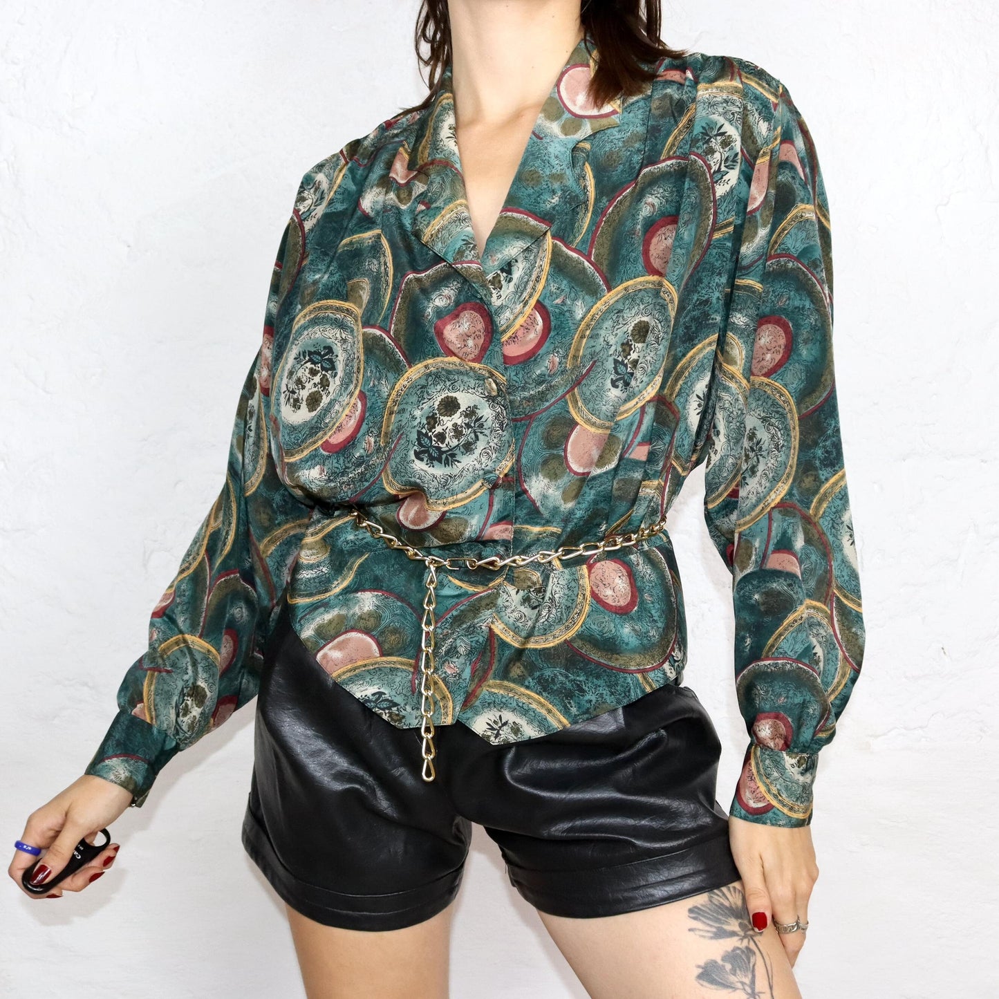 Vintage 80s 90s LADY LUISA blouse long sleeve crazy pattern dark green L