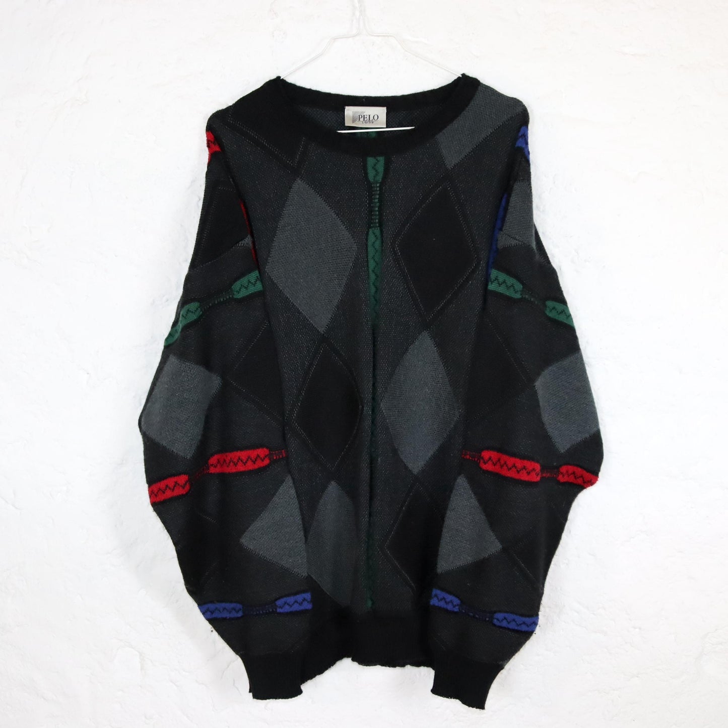 Vintage 80er 90er PELO Wollpullover Schurwolle Pullover Coogie style schwarz rot grün blau L/XL