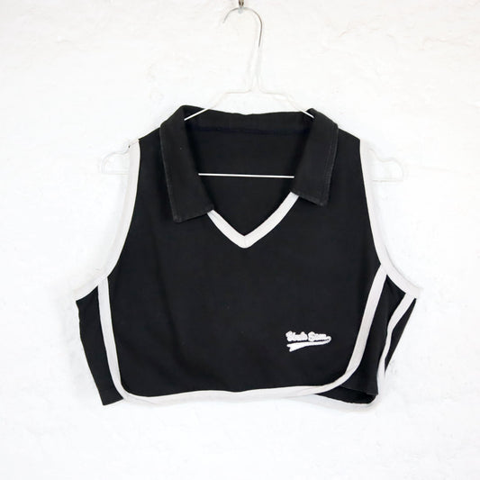 Vintage 80er 90er Y2k UNCLE SAM Crop Top ärmellos Kragen schwarz weiß M