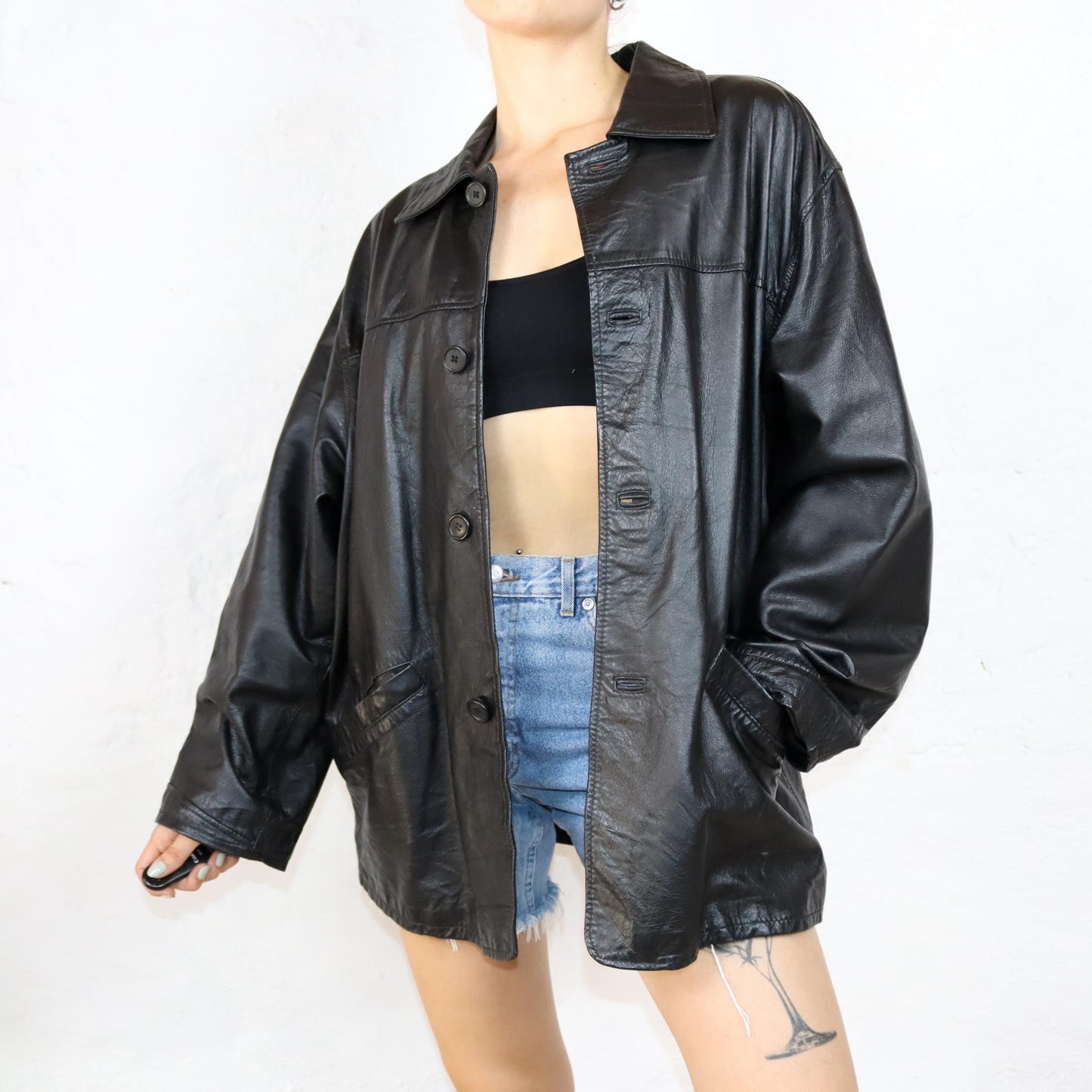 Vintage 80s 90s DIEGO CREAZONI leather jacket leather coat black thin 52 L