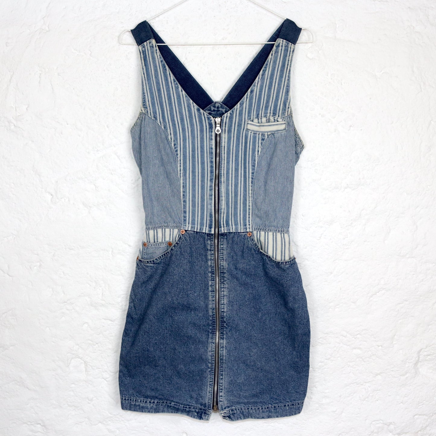 Vintage 80s 90s SQUAQ mini dress denim dress straps striped zipper fitted S