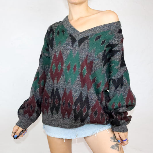 Vintage 80er 90er Wollpullover Strickpullover Wolle Muster V-Ausschnitt XL