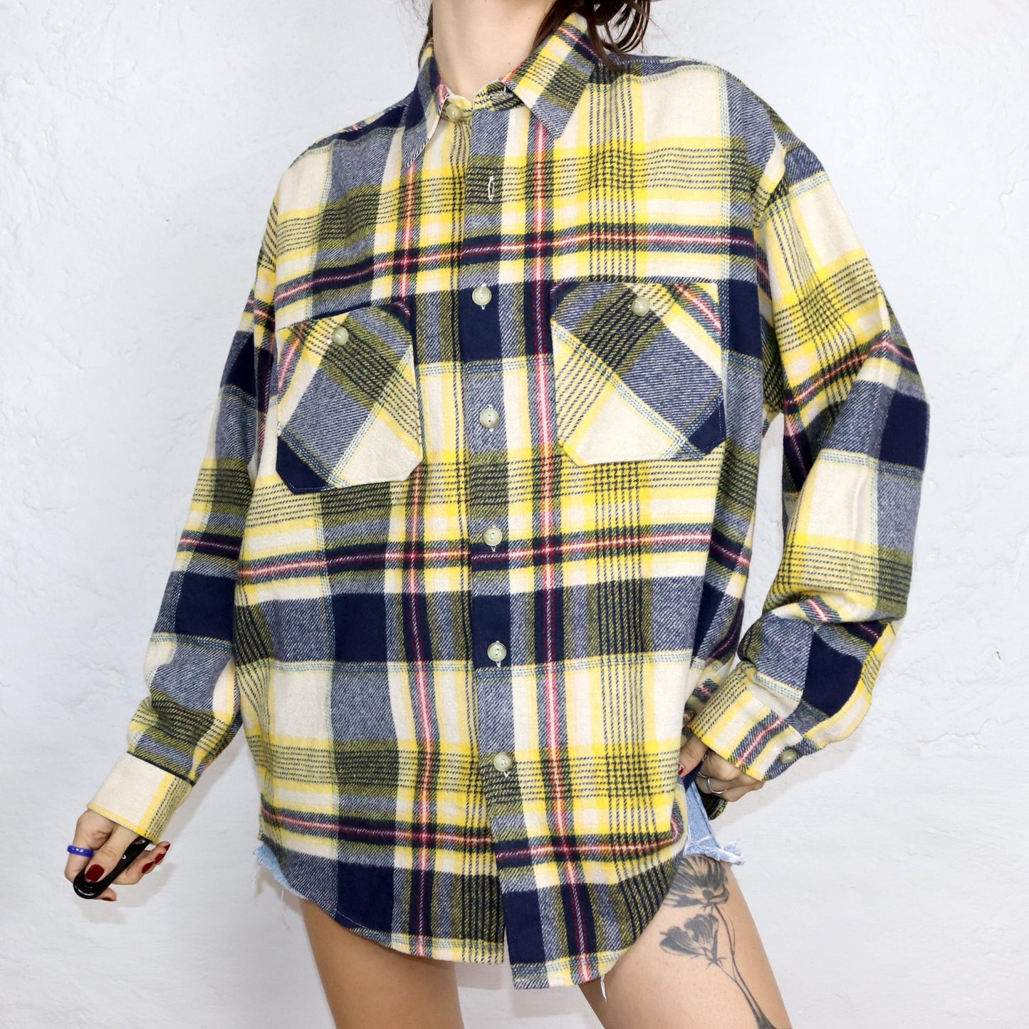 Vintage 80er 90er WAMPUM Flanellhemd Hemd langarm kariert gelb blau XL