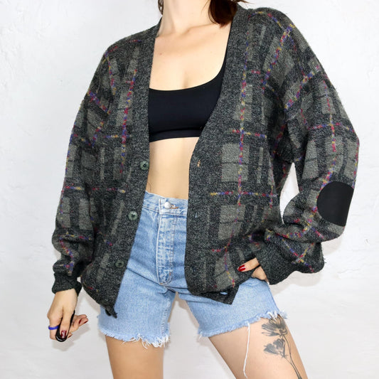 Vintage 80er 90er Cardigan Knopfreihe kariert Wollcardigan Wolle 54 XL