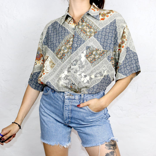 Vintage 80er 90er A+T COMPANY Hemd kurzarm crazy pattern Viskose Paisleymuster L