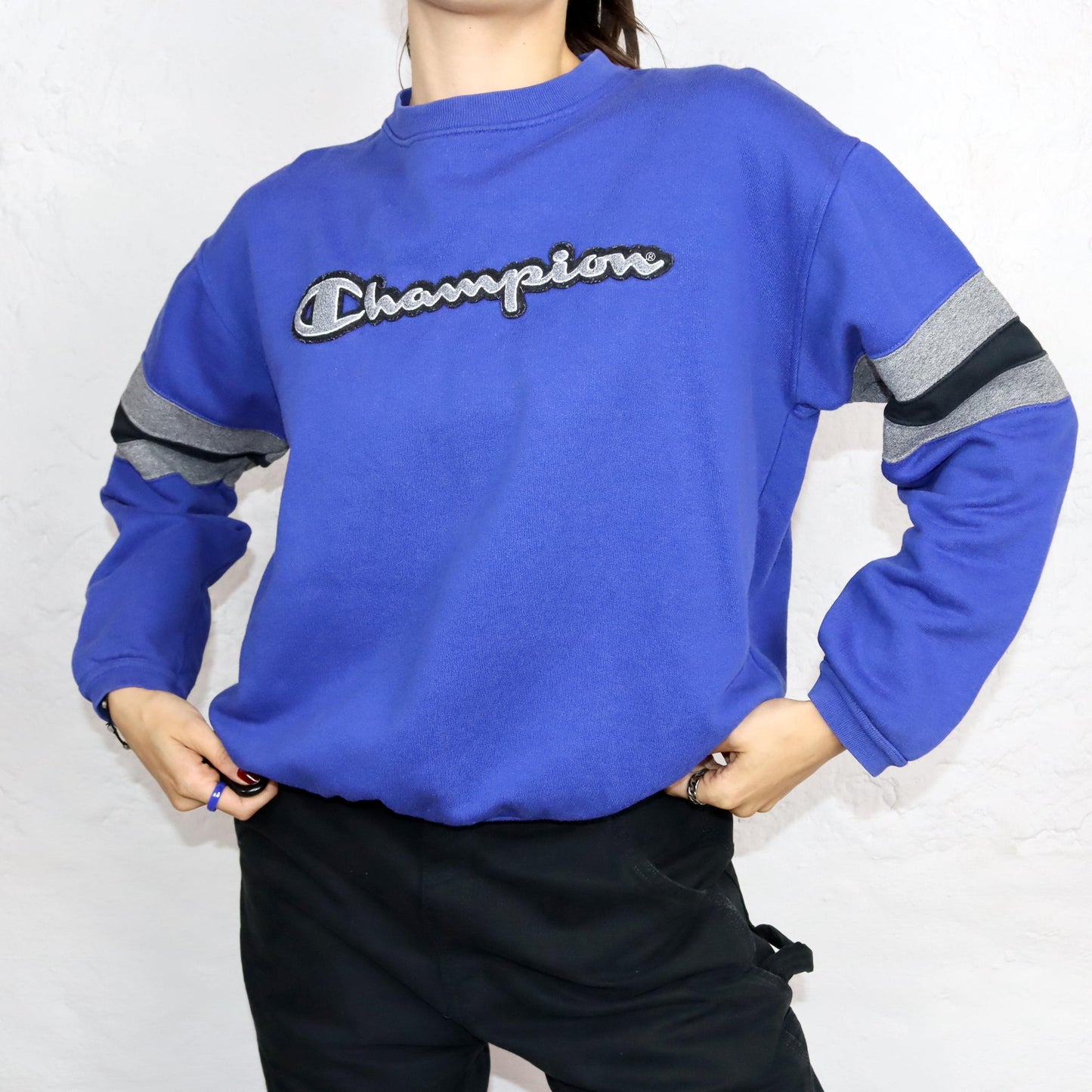 Vintage 80s 90s CHAMPION sweatshirt pullover blue gray black 164 S