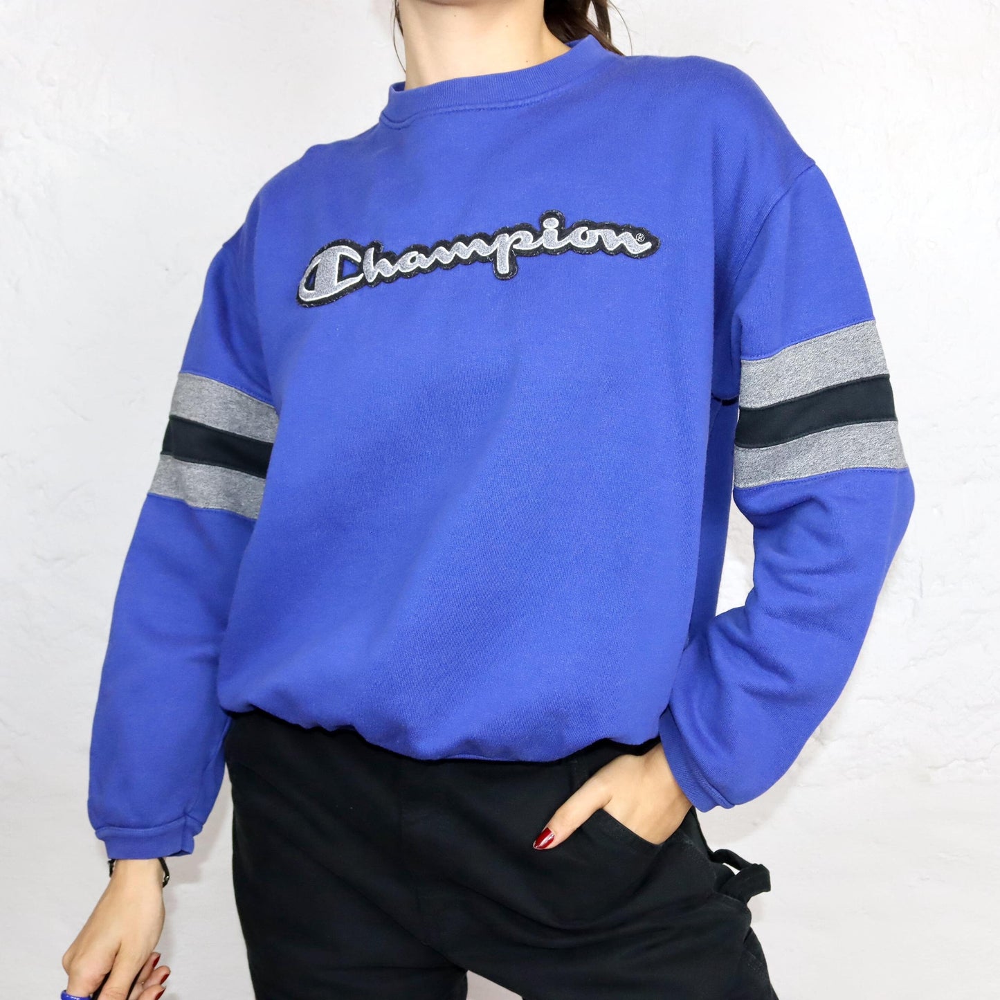 Vintage 80s 90s CHAMPION sweatshirt pullover blue gray black 164 S