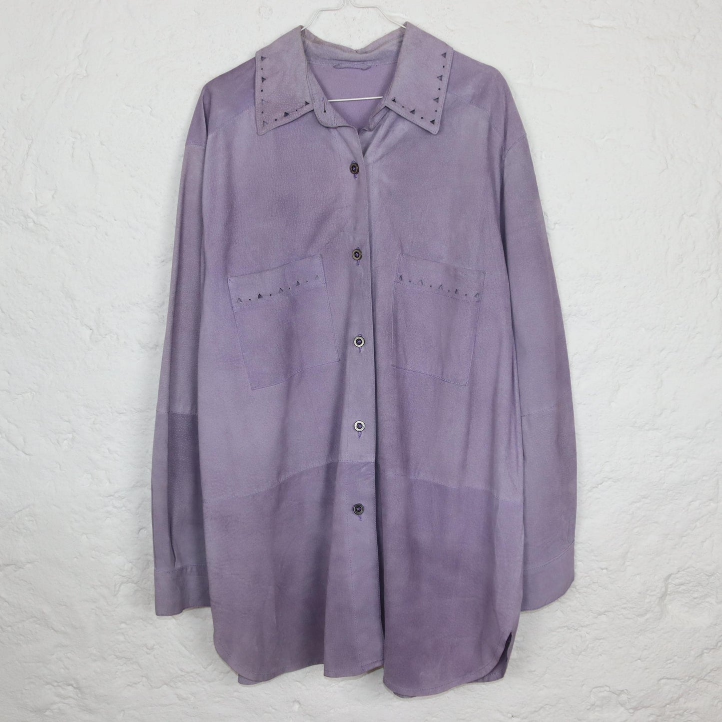 Vintage 80er 90er Ledermantel Lederhemd Flieder Knopfleiste Leder langarm dünn L