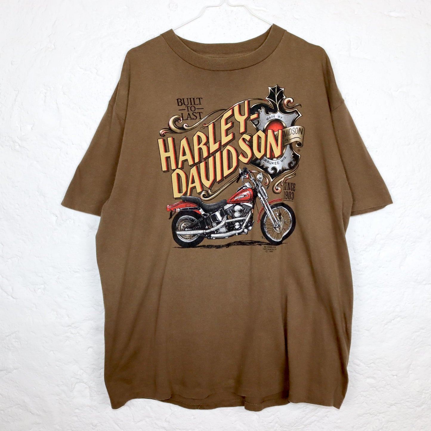 Vintage 80s 90s Rare HARLEY DAVIDSON 3D Emblem 1991 T-Shirt short sleeve brown print single stiched XL