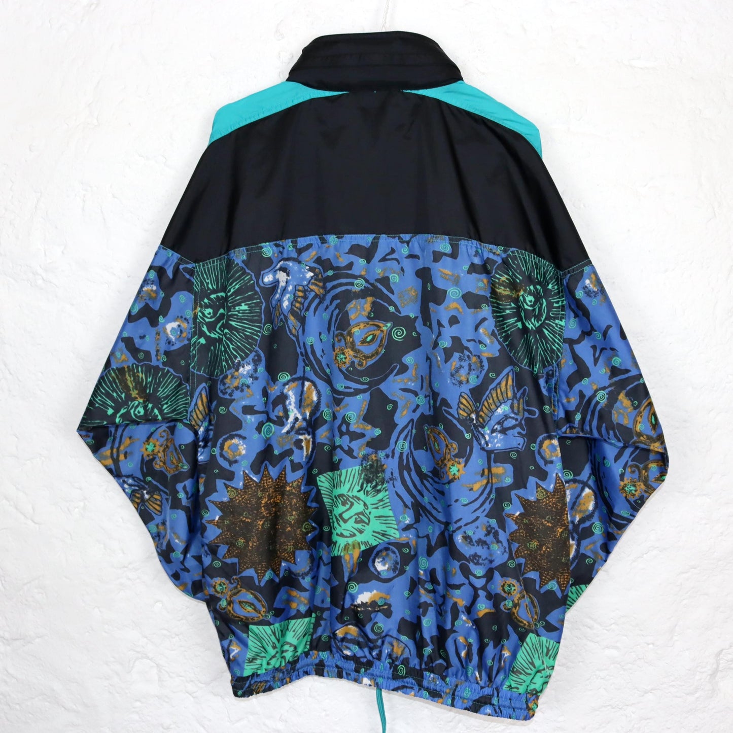 Vintage 80s 90s ALEX rain jacket windbreaker double-layered crazy pattern stand-up collar blue black S