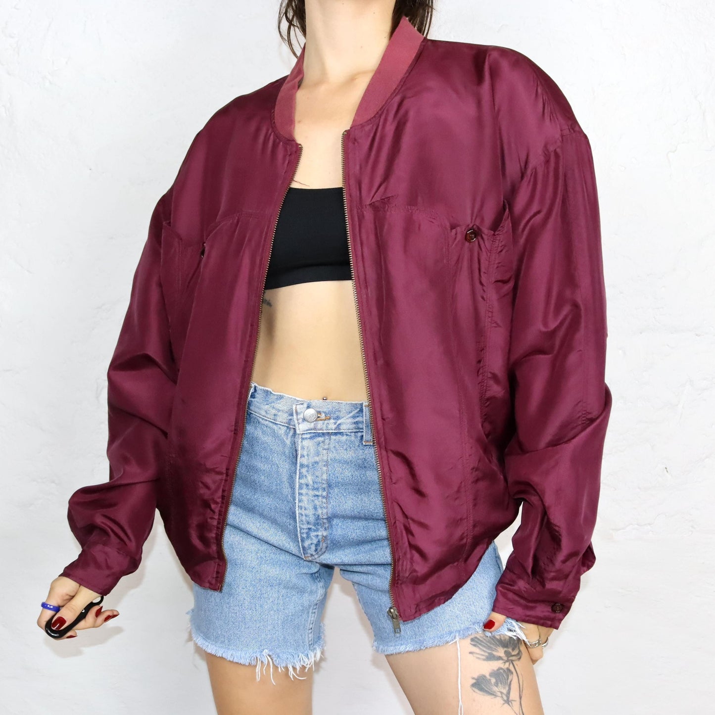 Vintage 80s 90s MONZA silk blouson jacket silk shoulder pads wine red L