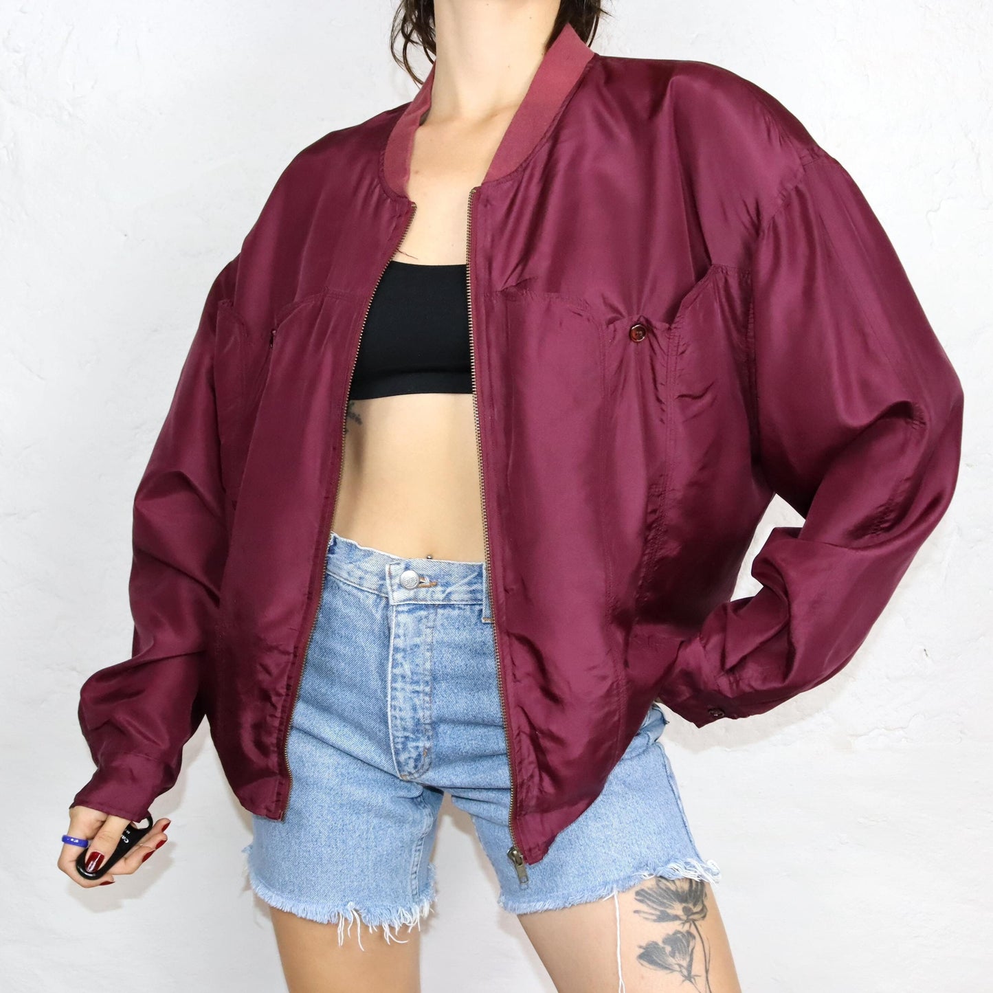 Vintage 80s 90s MONZA silk blouson jacket silk shoulder pads wine red L