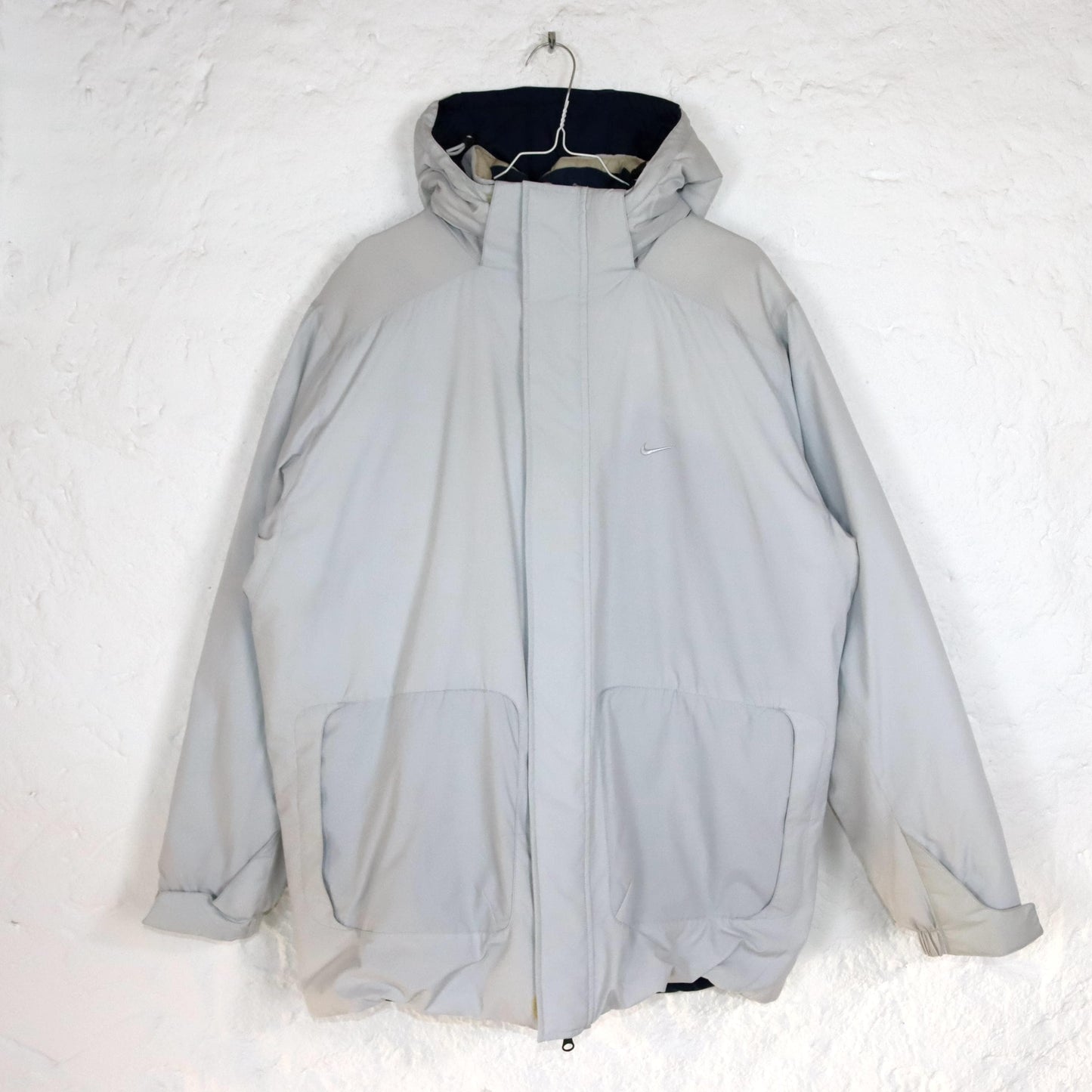 Vintage 90s 00s Y2k NIKE Parka Coat Jacket Lined with Hood Light Grey M