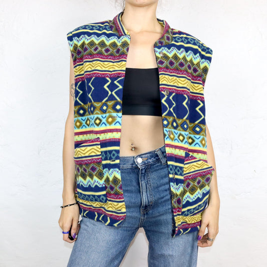 Vintage 80er 90er ROY ROGERS Wendeweste Weste Fleece leicht gefüttert crazy pattern bunt XL