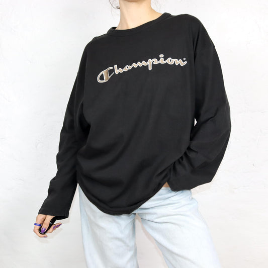 Vintage 80er 90er CHAMPION T-Shirt Longsleeve schwarz Stickerei schwarz beige XXL