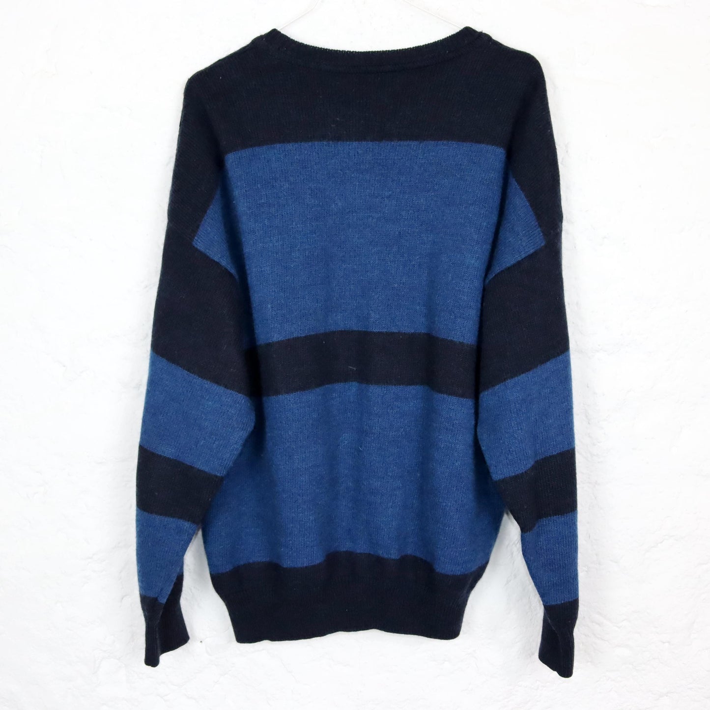 Vintage 80er 90er MONELLO Wollpullover Pullover gemustert Wolle dunkelblau bunt 50 L