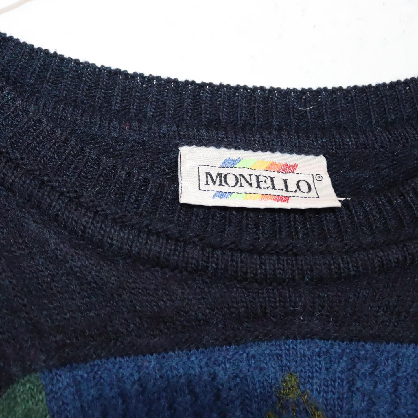Vintage 80er 90er MONELLO Wollpullover Pullover gemustert Wolle dunkelblau bunt 50 L