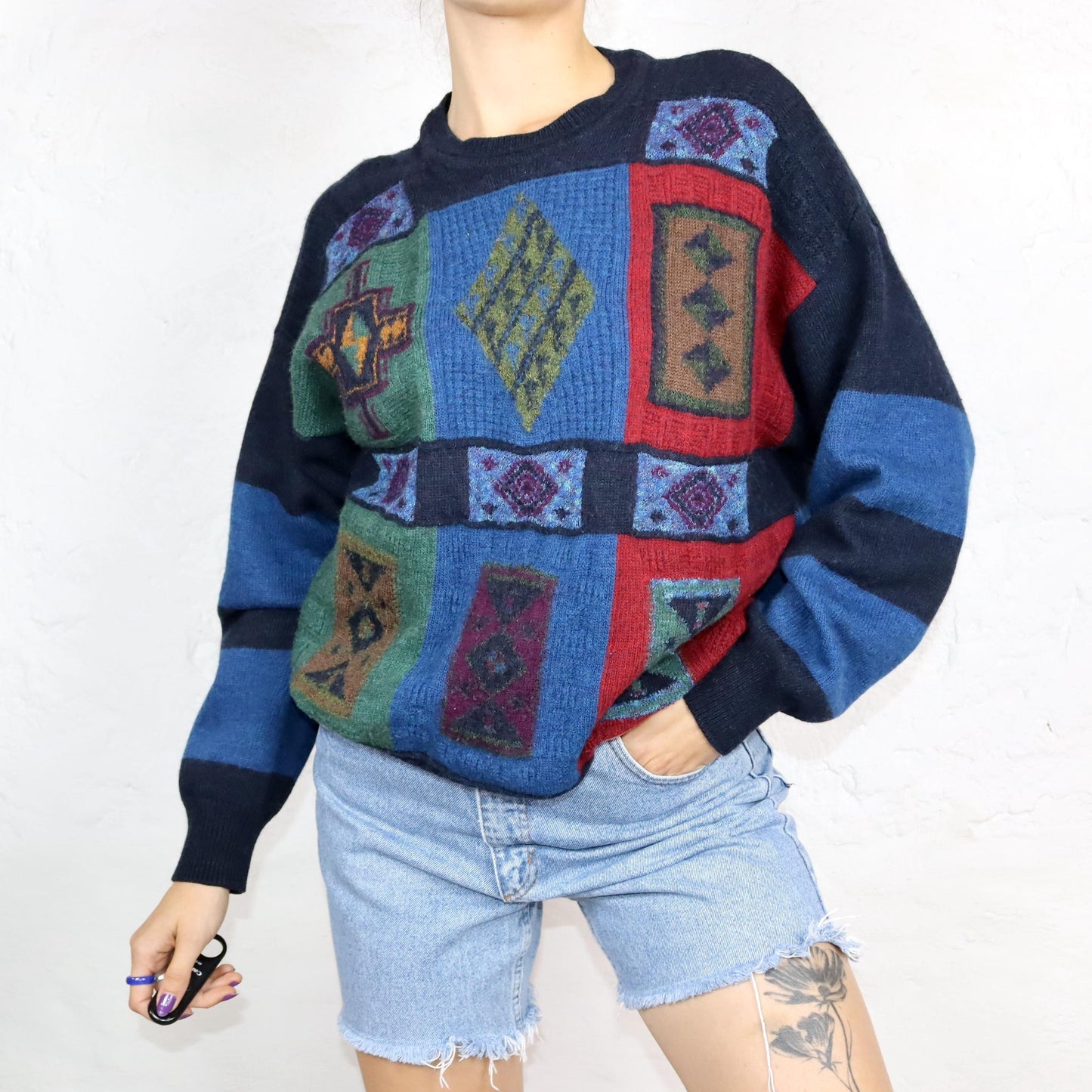 Vintage 80er 90er MONELLO Wollpullover Pullover gemustert Wolle dunkelblau bunt 50 L
