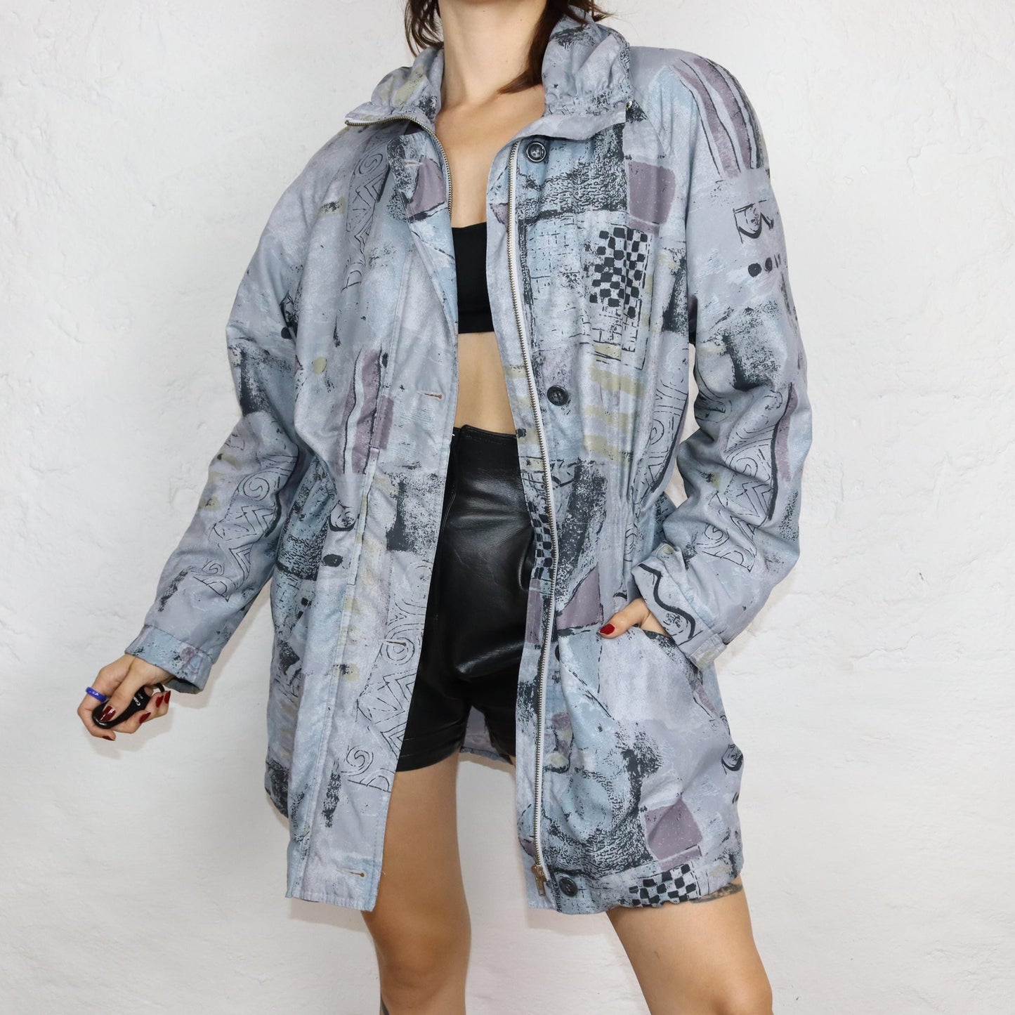 Vintage 80s 90s parka coat lightly lined crazy pattern shoulder pads stand-up collar fitted L
