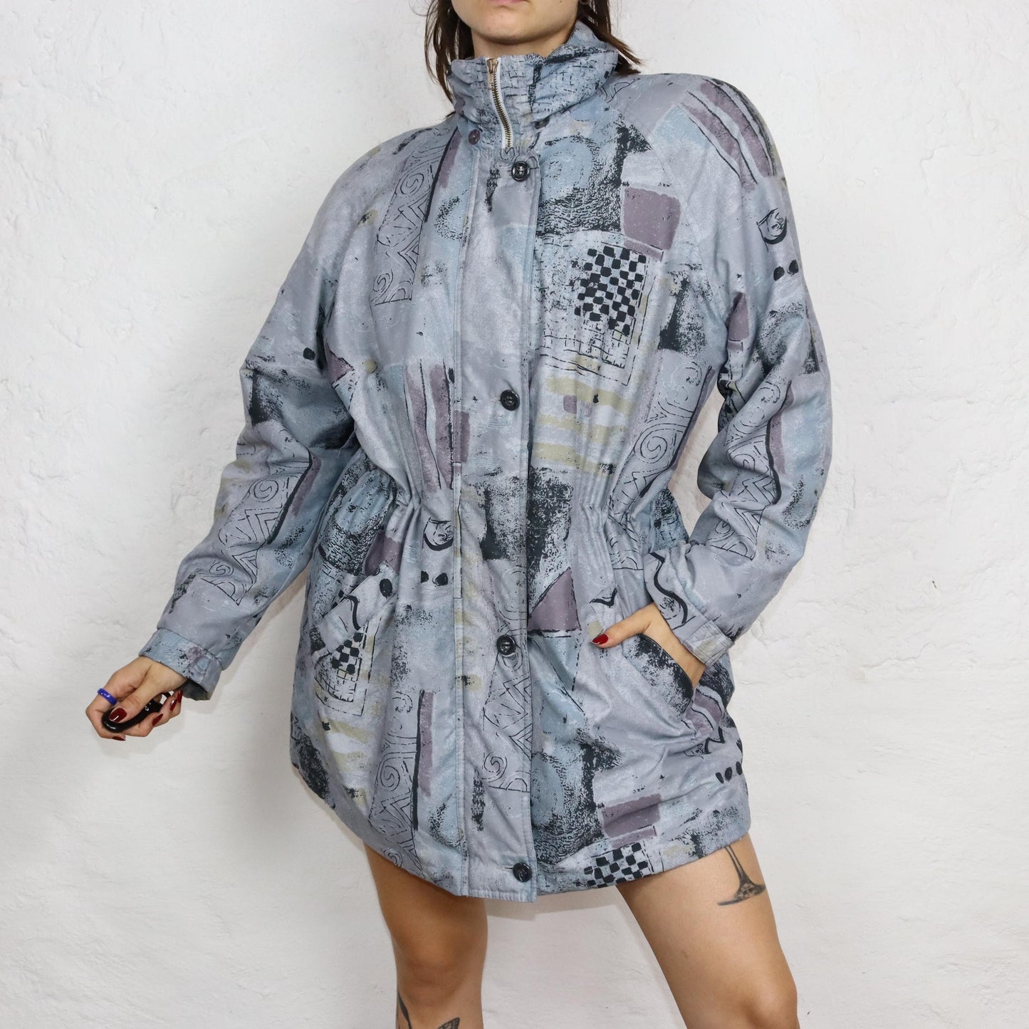 Vintage 80s 90s parka coat lightly lined crazy pattern shoulder pads stand-up collar fitted L
